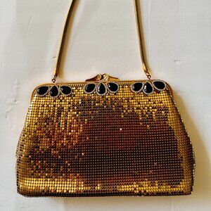 Vintage Whiting & Davis Gold Mesh Purse with Black Teardrop Embellishments